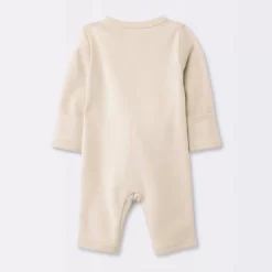 Baby 3pk Cotton Romper - Cloud Island™ Khaki Preemie: Long Sleeve, Front Hook And Loop Fastener, Solid & Stripe Patterns